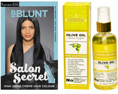 

SHEER SECRET OLIVE OIL 100 ML (PURE COLDPRESSED) and SALON SECRET HAIR COLOUR NATURAL BLACK NO. 1(Set of 2)