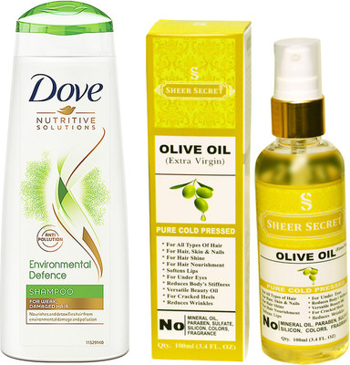 SHEER SECRET OLIVE OIL 100ML (PURE COLD PRESSED) and DOVE 180 ML ENVIRONMENTAL DEFENCE SHAMPOO(Set of 2)