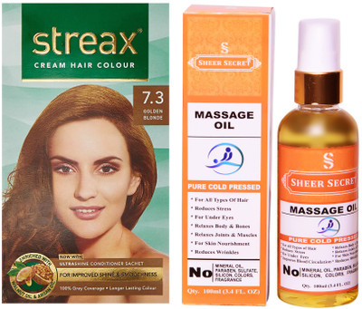 

SHEER SECRET MASSAGE OIL 100 ML (PURE COLDPRESSED) and STREAX COLOUR REGULAR GOLDEN BLONDE NO. 7.3(Set of 2)
