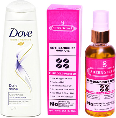 

SHEER SECRET ANTI DANDRUFF OIL 100ML (PURE COLD PRESSED) and DOVE 180 ML DAILY SHINE SHAMPOO(Set of 2)