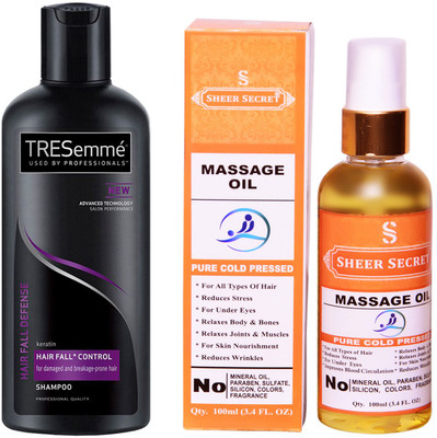 

SHEER SECRET MASSAGE OIL 100ML (PURE COLD PRESSED) and TRESEMME 190 ML HAIR FALL DEFENCE SHAMPOO(Set of 2)