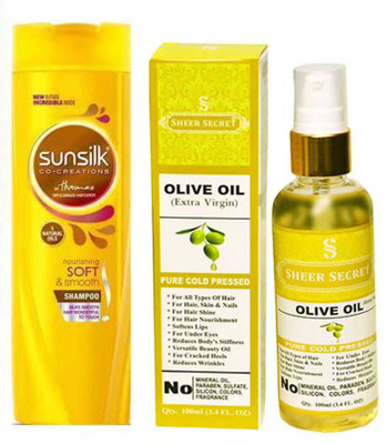 

SHEER SECRET OLIVE OIL 100ML (PURE COLD PRESSED) and SUNSILK NOURISHING SOFT AND SMOOTH SHAMPOO 340 ML(Set of 2)