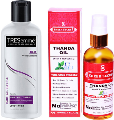 

SHEER SECRET THANDA OIL 100ML (PURE COLD PRESSED) and TRESEMME 190 ML HAIR FALL DEFENCE CONDITIONER(Set of 2)