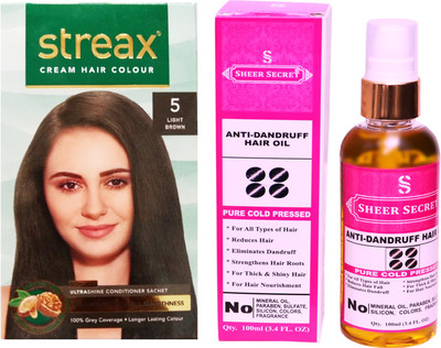 

SHEER SECRET ANTI DANDRUFF OIL 100 ML (PURE COLDPRESSED) and COLOUR REGULAR LIGHT BROWN NO. 5(Set of 2)