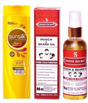 

SHEER SECRET MOOCH AND BEARD OIL 100ML (PURE COLD PRESSED) and SUNSILK NOURISHING SOFT AND SMOOTH SHAMPOO 340 ML(Set of 2)