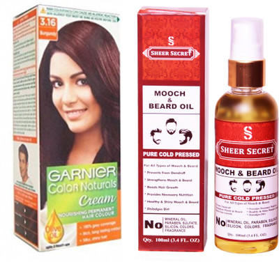 

SHEER SECRET MOOCH AND BEARD OIL 100 ML (PURE COLDPRESSED) and HAIR COLOUR BOX BURGUNDY NO. 3.16(Set of 2)