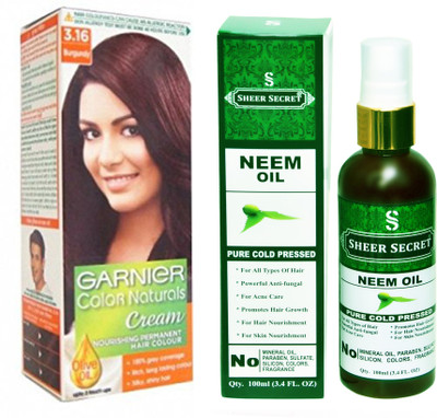 

SHEER SECRET NEEM OIL 100 ML (PURE COLDPRESSED) and HAIR COLOUR BOX BURGUNDY NO. 3.16(Set of 2)
