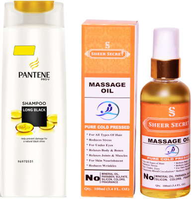 

SHEER SECRET MASSAGE OIL 100ML (PURE COLD PRESSED) and PANTENE LONG BLACK SHAMPOO 340 ML(Set of 2)