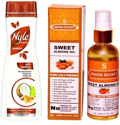

SHEER SECRET SWEET ALMOND OIL 100ML (PURE COLD PRESSED) and NYLE 400 ML ANTI HAIRFALL SHAMPOO(Set of 2)