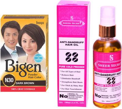 

SHEER SECRET ANTI DANDRUFF OIL 100 ML (PURE COLDPRESSED) and HAIR COLOUR DARK BROWN N30(Set of 2)