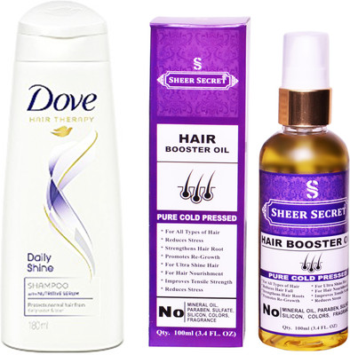 

SHEER SECRET HAIR BOOSTER OIL 100ML (PURE COLD PRESSED) and DOVE 180 ML DAILY SHINE SHAMPOO(Set of 2)