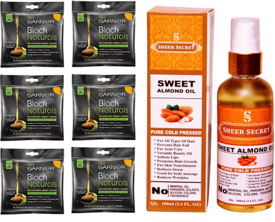 

SHEER SECRET SWEET ALMOND OIL 100 ML (PURE COLDPRESSED) and HAIR COLOUR 6 SACHET DEEP BLACK NO. 1(Set of 2)