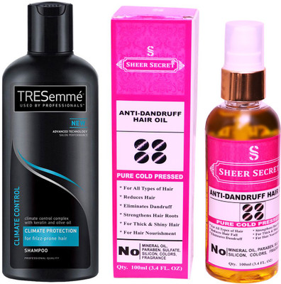 

SHEER SECRET ANTI DANDRUFF OIL 100ML (PURE COLD PRESSED) and TRESEMME 190 ML CLIMATE CONTROL SHAMPOO(Set of 2)