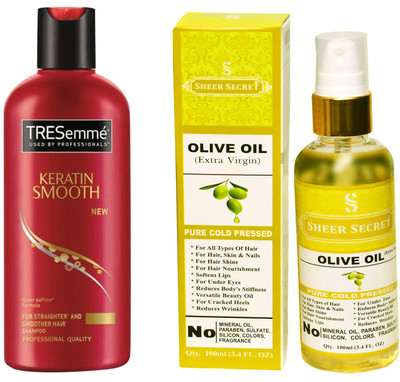

SHEER SECRET OLIVE OIL 100ML (PURE COLD PRESSED) and TRESEMME 190 ML KERATIN SMOOTH SHAMPOO(Set of 2)