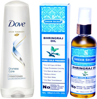 

SHEER SECRET BHRINGRAJ OIL 100ML (PURE COLD PRESSED) and DOVE 180 ML DRYNESS CARE CONDITIONER(Set of 2)