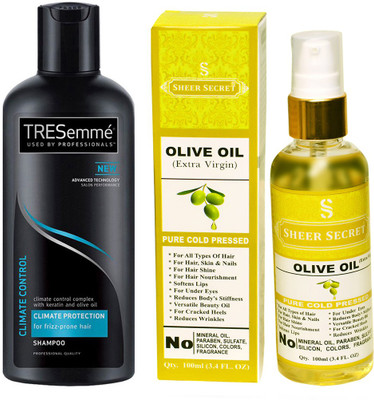 

SHEER SECRET OLIVE OIL 100ML (PURE COLD PRESSED) and TRESEMME 190 ML CLIMATE CONTROL SHAMPOO(Set of 2)