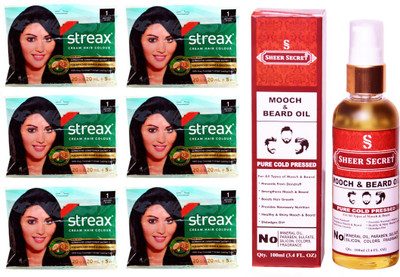 

SHEER SECRET MOOCH AND BEARD OIL 100 ML (PURE COLDPRESSED) and COLOUR 6 NATURAL BLACK SACHET NO. 1(Set of 7)