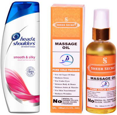 

SHEER SECRET MASSAGE OIL 100ML (PURE COLD PRESSED) and HEAD & SHOULDERS 180 ML SMOOTH AND SILKY SHAMPOO(Set of 2)
