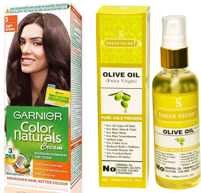 

SHEER SECRET OLIVE OIL 100 ML (PURE COLDPRESSED) and HAIR COLOUR BOX LIGHT BROWN NO. 5(Set of 2)