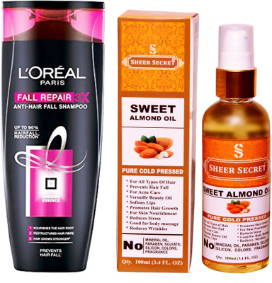 

SHEER SECRET SWEET ALMOND OIL 100 ML (PURE COLDPRESSED) and FALL RESIST 3X SHAMPOO 175ML(Set of 2)