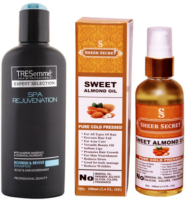 

SHEER SECRET SWEET ALMOND OIL 100ML (PURE COLD PRESSED) and TRESEMME 200 ML SPA REJUVENATION SHAMPOO(Set of 2)