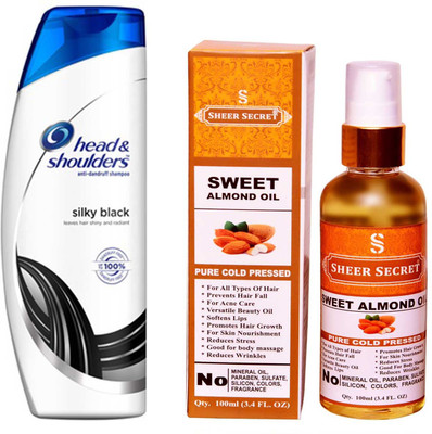 

SHEER SECRET SWEET ALMOND OIL 100ML (PURE COLD PRESSED) and HEAD & SHOULDERS 360 ML SILKY BLACK SHAMPOO(Set of 2)