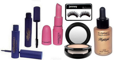 

jenney Eyelashes& Studio Fix Compact, Pink Lipstick & Prep+Prime Highlight Skin Base Visage & Eyeliner & Mascara(Set of 6)