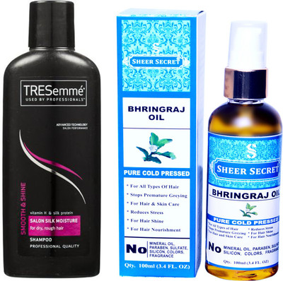 

SHEER SECRET BHRINGRAJ OIL 100ML (PURE COLD PRESSED) and TRESEMME 190 ML SALON SILK MOISTURE SHAMPOO(Set of 2)
