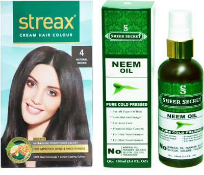

SHEER SECRET NEEM OIL 100 ML (PURE COLDPRESSED) and STREAX COLOUR REGULAR NATURAL BROWN NO. 4(Set of 2)