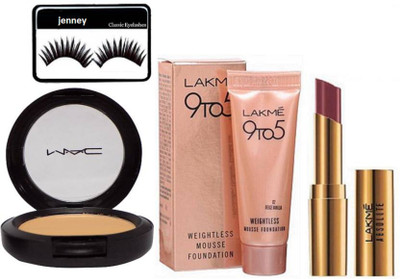 

jenney eyelashes , weightless mousse foundation 6g , absoulute argan oil lipstick with studio fix powder plus foundation compact(Set of 4)