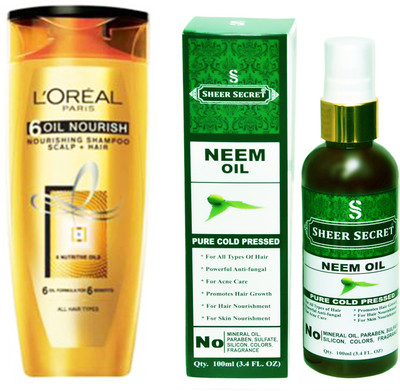 

SHEER SECRET NEEM OIL 100 ML (PURE COLDPRESSED) and LOREAL 6 OIL NOURISH SHAMPOO 175ML(Set of 2)