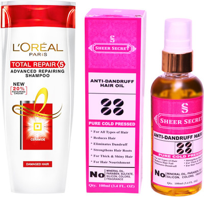 

SHEER SECRET ANTI DANDRUFF OIL 100 ML (PURE COLDPRESSED) and LOREAL TOTAL REPAIR 5 SHAMPOO 175ML(Set of 2)