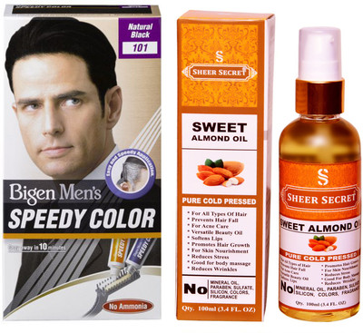 

SHEER SECRET SWEET ALMOND OIL 100 ML (PURE COLDPRESSED) and SPEEDY HAIR COLOUR NATURAL BLACK NO. 101(Set of 2)