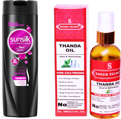 

SHEER SECRET THANDA OIL 100ML (PURE COLD PRESSED) and SUNSILK 180 ML STUNNING BLACK SHINE SHAMPOO(Set of 2)