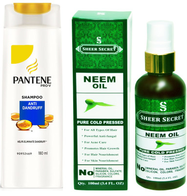 

SHEER SECRET NEEM OIL 100ML (PURE COLD PRESSED) and PANTENE 180 ML ANTI DANDRUFF SHAMPOO(Set of 2)