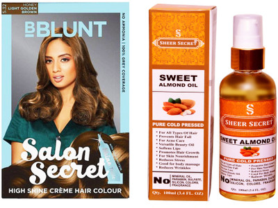 

SHEER SECRET SWEET ALMOND OIL 100 ML (PURE COLDPRESSED) and SALON SECRET HAIR COLOUR LIGHT GOLDEN BROWN NO. 5.32(Set of 2)