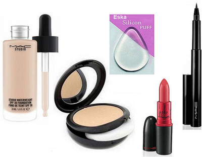 

eska Silicon Puff,Mac Studio Waterweight Foundation,Compact,Lady Gaga Matte Lipstick,Pen Eyeliner(Set of 5)