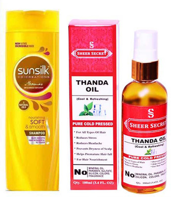 

SHEER SECRET THANDA OIL 100ML (PURE COLD PRESSED) and SUNSILK NOURISHING SOFT AND SMOOTH SHAMPOO 340 ML(Set of 2)