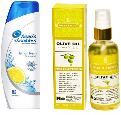 

SHEER SECRET OLIVE OIL 100ML (PURE COLD PRESSED) and HEAD & SHOULDERS 180 ML LEMON FRESH SHAMPOO(Set of 2)