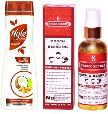 

SHEER SECRET MOOCH AND BEARD OIL 100ML (PURE COLD PRESSED) and NYLE 400 ML ANTI HAIRFALL SHAMPOO(Set of 2)