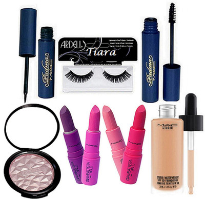 

tiara Eyelashes&Mac Giambattista Valli Lipstick Pack Of 4 , Eyeliner & Mascara , Studio Water Weight Foundation , Illuminator(Set of 9)