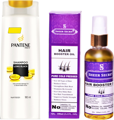 

SHEER SECRET HAIR BOOSTER OIL 100ML (PURE COLD PRESSED) and PANTENE 180 ML LONG BLACK SHAMPOO(Set of 2)