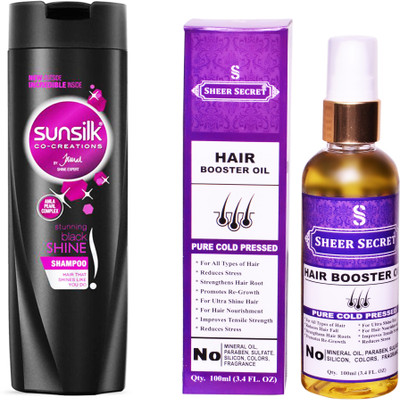 

SHEER SECRET HAIR BOOSTER OIL 100ML (PURE COLD PRESSED) and SUNSILK 180 ML STUNNING BLACK SHINE SHAMPOO(Set of 2)