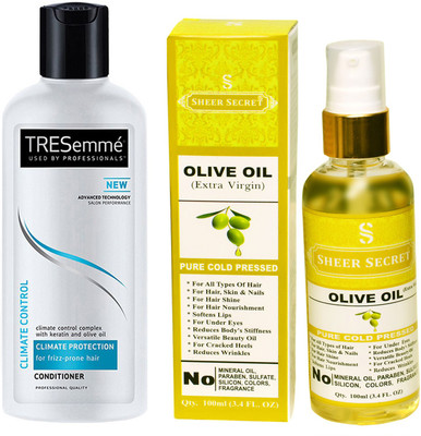 

SHEER SECRET OLIVE OIL 100ML (PURE COLD PRESSED) and TRESEMME 190 ML CLIMATE CONTROL CONDITIONER(Set of 2)