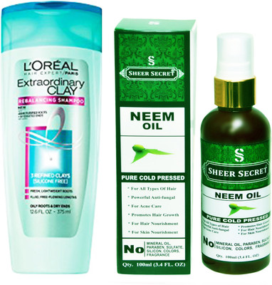 

SHEER SECRET NEEM OIL 100 ML (PURE COLDPRESSED) and LOREAL EXTRA ORDINARY CLAY SHAMPOO 175ML(Set of 2)