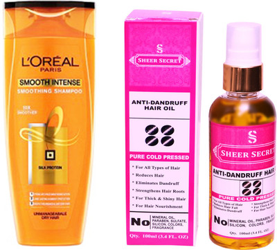 

SHEER SECRET ANTI DANDRUFF OIL 100 ML (PURE COLDPRESSED) and SMOOTH INTENSE SHAMPOO 175ML(Set of 2)