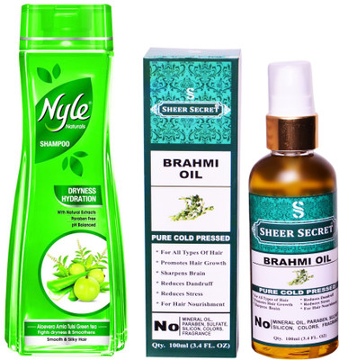 

SHEER SECRET BRAHMI OIL 100ML (PURE COLD PRESSED) and NYLE 400 ML DRYNESS HYDRATION SHAMPOO(Set of 2)