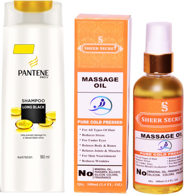 

SHEER SECRET MASSAGE OIL 100ML (PURE COLD PRESSED) and PANTENE 180 ML LONG BLACK SHAMPOO(Set of 2)