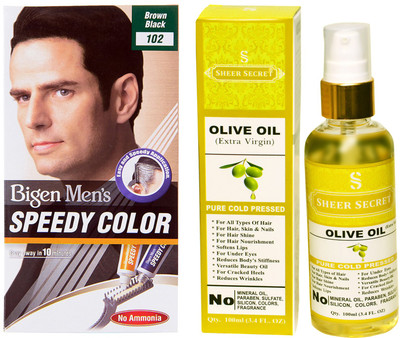 

SHEER SECRET OLIVE OIL 100 ML (PURE COLDPRESSED) and SPEEDY HAIR COLOUR BROWN BLACK NO. 102(Set of 2)