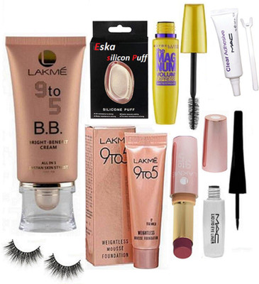 

eska Eyelashes,Lakme 9to5 bright benefit cream,9to5 lipstick,Mossue Foundation,Eyelash Glue,the mag num mascara,Liquid Eyeliner,Silicon Puff(Set of 5)